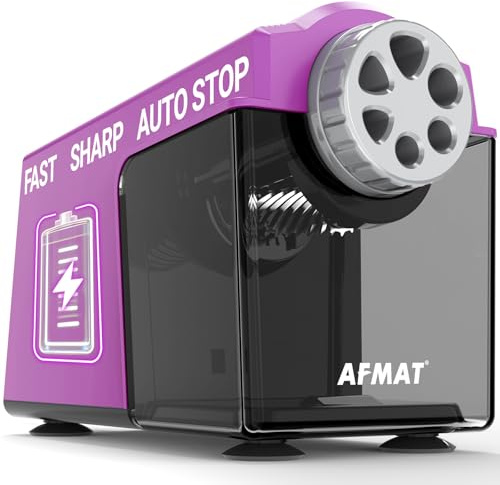 AFMAT Taille-crayon électrique avec récipient, 6 trous, grande capacité, avec crayons de 6 à 11 mm, rechargeable, robuste, pour enseignants, artistes, bureaux, écoles, violet