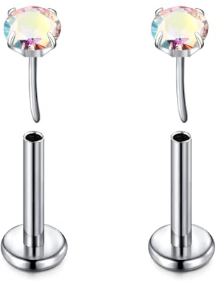 D.Bella 2Pcs G23 Titanium Labret Studs 16G Lip Stud Piercing Threadless Push in Lip Bar Nose Piercings Helix Tragus Conch Piercing Jewelry