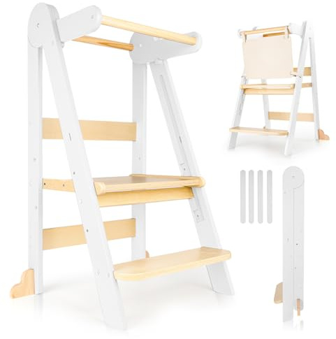 Foldable Toddler Learning Tower, Adjustable Kitchen Helper Step Stool | Folding design with 3-level height, safety guardrail and anti-tip protection for kitchen, mealtimes & bathroom use