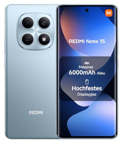 XIAOMI Redmi Note 15, Smartphone 8+128GB, Batteria da 6000 mAh, Resistenza all’acqua, Fotocamera super nitida da 108 MP, Display FHD+ da 6,77, Blu Ghiacciaio, Garanzia 2 anni, Caricatore non incluso