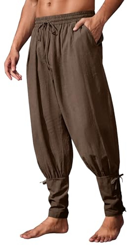 QEKFDOV Medeltida byxor för män, renässans viking piratbyxor, män vintage linnebyxor enfärgade säckig fritidsbyxor cosplay kostym