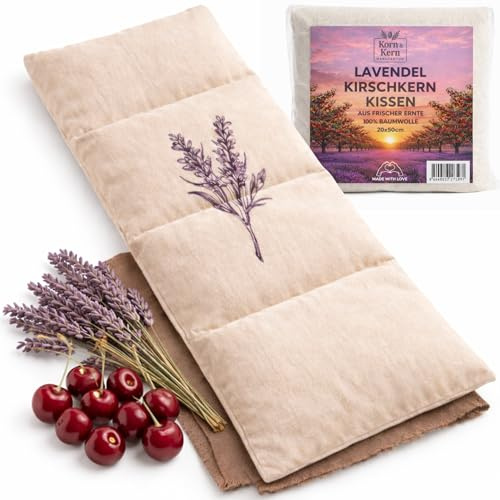 Cojín de huesos de cereza con lavanda grande, apto para microondas, para aliviar la tensión en el cuello, hombros y espalda, huesos de cereza naturales, lavanda seca, 20 x 50 cm