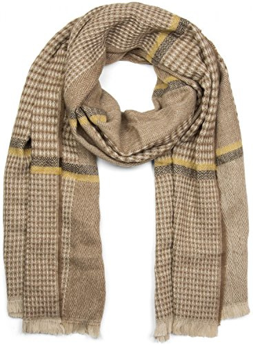 styleBREAKER écharpe XXL très large, avec motif chevrons en damier, bandes décoratives et frange, écharpe en tricot, unisexe 01017027, couleur:Marron