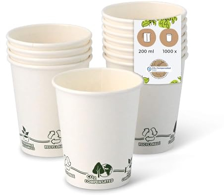 BIOZOYG 1000x gobelets jetables 200 ml / 8 oz, Ø 80 mm blanc avec motif environnemental - gobelet carton sans plastique et en matériaux durables - gobelet cafe