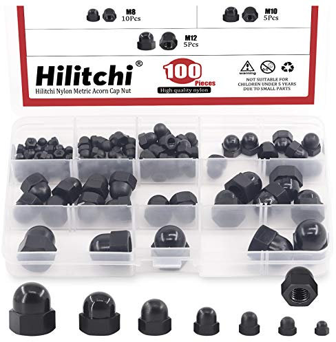 Hilitchi 7Sizes 100Pcs Black Nylon Acorn Nut Metric Inner Threaded Cap Nuts Assortment Kit M3 4 5 6 8 10 12 Dome Nuts