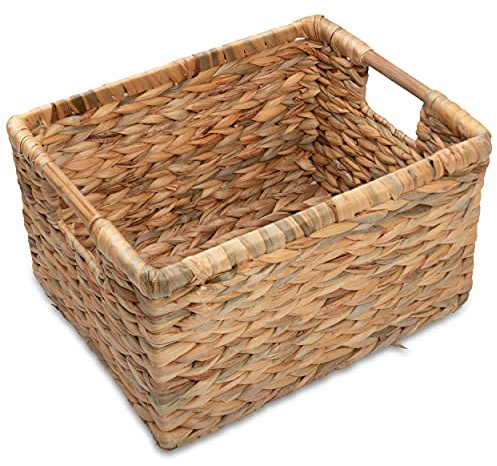 VATIMA Large Rectangular Wicker Basket with Wooden Handles for Shelves and Storage - Natural Water Hyacinth Basket for Organizing, 14.5 x 10.3 x 7.5 inches