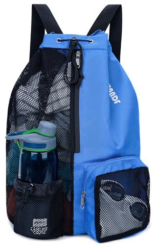 WANDF Swim Bag Mesh Drawstring Backpack with Wet Pocket for Swimming, Gym, and Workout Gear (Navy Blue)