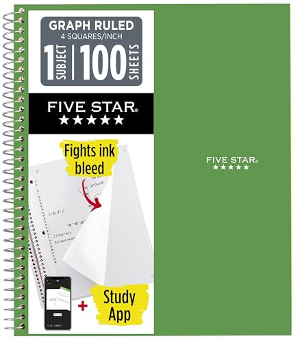 Five Star Spiral Notebook + Study App, 1 Subject, Graph Ruled Paper, 8-1/2 x 11, 100 Sheets, Fights Ink Bleed, Water Resistant Cover, Seaglass Green (620000CH1)
