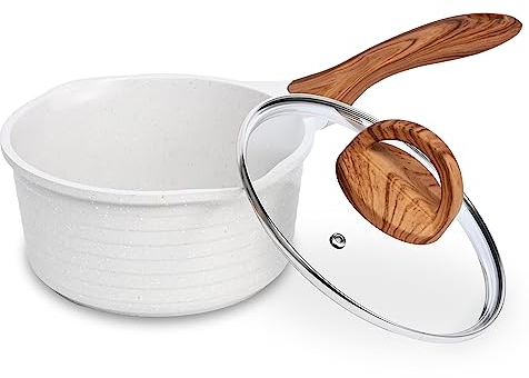 JEETEE Casserole 18 cm,2L Avec Couvercle En Verre,Poignée Résistante À La Chaleur,Convient Pour Toutes Les Cuisinières,Sans Pfoa,Beige