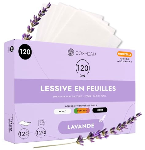 Cosmeau Waschmittel Blätter Lavendel – bis zu 120 Waschgänge (120 Blätter) – Nachhaltiges Waschmittel für Weiß, Farbe und Schwarz – Abbaubar & Perfektes Reisewaschmittel