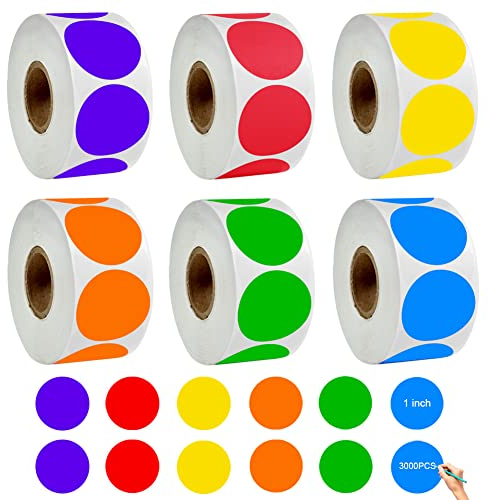 3000 Stück Klebepunkte Bunt Punktaufkleber 25mm Punkte Aufkleber Runde Sticker Markierungspunkte Selbstklebend Etiketten Beschreibbare Oberfläche Dot Sticker 6 Farben