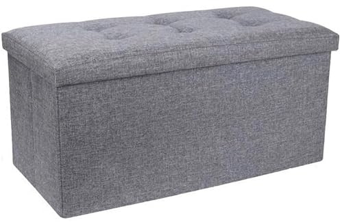A406 Folding Ottoman Storage Box with Lids Pouffe Seat Stool Foot stool Storage Unit Bench Foot Rest Stool 38cm Grey Black Beige Green (Grey-Linen.76cm)