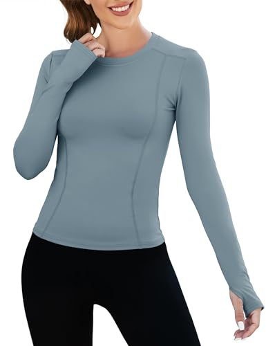 IECCP Maglia sportiva da donna, a maniche lunghe, per yoga, corsa, traspirante, sportiva, slim fit, verde e blu., XS