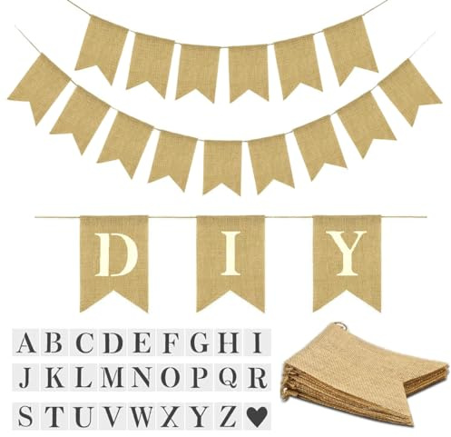 YUNSHANGMO 15PCS Burlap Baner PreStringed, DIY Custom Banner Kit, Customizable Personalized Banner, with Letters A to Z Stencil, Birthday Wedding Party Decor
