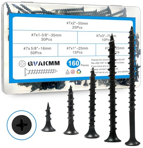GVAKMM Drywall Screws Assortment Kit,#7 Black Wood Screws Set,160pcs，5 Sizes(3'',2'',1-3/8'',1'',5/8''),Coarse Thread Phillips Drive Bugle Head Sharp Point,Ideal for Wood,Sheetrock and More
