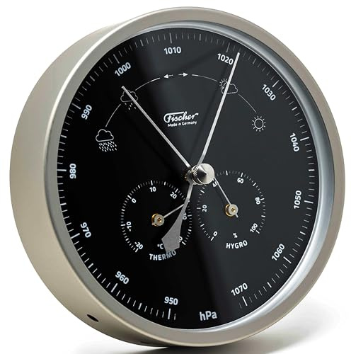 Fischer 1602-01.06 väderstation för utomhusbruk – 160 mm termometer, barometer, hygrometer – rostfritt stål, svart urtavla, tillverkad i Tyskland