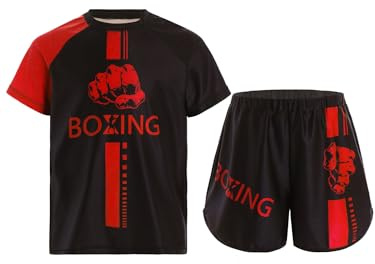 Freebily Boxare Träningsdräkt för barn och pojkar Muay Thailändsk MMA Kampsport Boxning Kortärmad T-shirt + Kick-Thai-shorts Tracksuit, Röd, 13-14 �r