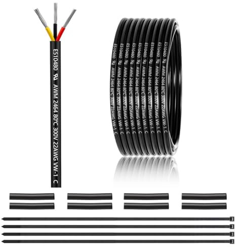 22 AWG 3×0.3mm² 3 Core 12V 24V Electrical Wire 25FT/7.62M, 22 Gauge 3 Conductor Wire Cable Stranded Tinned Copper PVC 22/3 Wires for LED Strips Lighting, Outdoor Cable, Automotive, CE Listed