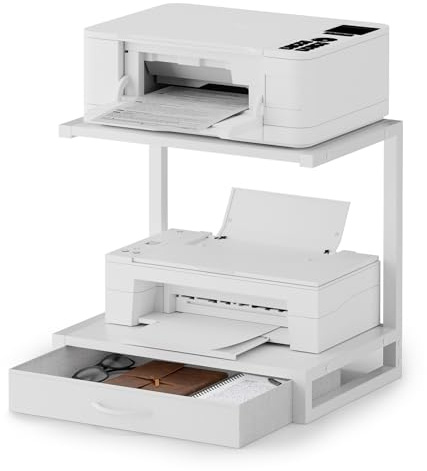 OYRREU 2-stöckiger Schreibtischdruckerständer mit Stoffschublade und offenem Regal, Druckertisch mit Stauraum für Heimbüro, 3D-Drucker, Faxgerät, Scanner, Weiß
