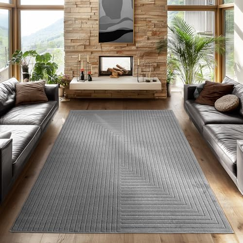 SIMPEX Tappeto 240x340 cm XL Grigio, Pelo Corto con Effetto 3D Alto-Basso, Motivo Boho Scandinavo, per Interni o Esterni