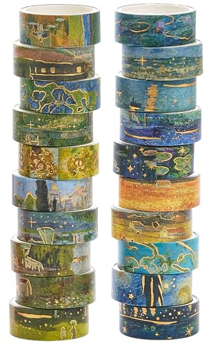 YUBX Landscape Washi Tape Set in Oil Painting Style 20 Rolls Scenery Drawing Masking Gold Foil Graphic Decorative Tapes for Arts, DIY Crafts, Journals, Planners, Scrapbook, Wrapping (Classic)
