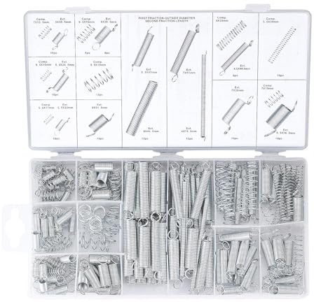 200-delars fjädersortiment set, metalltryckfjädrar, dragfjädrar, silver, 4–9,5 mm diameter, olika längder, med förvaringslåda, 21 x 14,25 x 2,8 cm