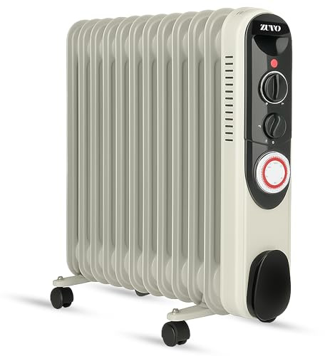 Zuvo - Powerful 2500W Oil Filled Radiator with 11 Fins – Lightweight Slim Portable Heater with 24h Timer, Adjustable Thermostat with 3 Heat Settings for Efficient Heating