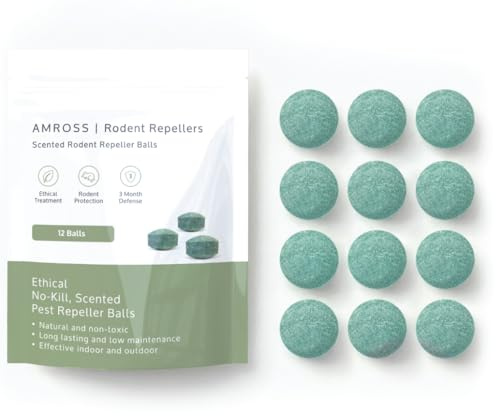 Repelente Ratones Bolas de Amross | Disuasor de roedores humano y no tóxico con aceites naturales, protección de 90 días para uso interior y exterior, alternativa a trampas y venenos (Paquete de 12)