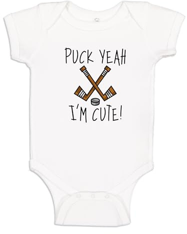 The Shirt Den Puck Yeah I'm Cute Hockey Baby Bodysuit One Piece 6 mo White