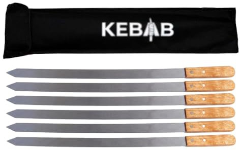 ADANA Spiedini per kebab, lunghezza 60 cm x larghezza 2,5 cm (25 mm), extra forti 2 mm, 6 pezzi, in acciaio inox, con manico in legno