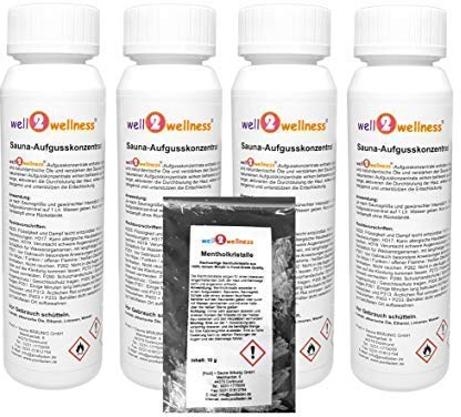 well2wellness® Saunaaufguss Set 4 x 125 ml 'Frucht 2' mit Mango-Maracuja, Eisbeere, Limette-Bambus, Grüner Apfel + gratis 10g Mentholkristalle