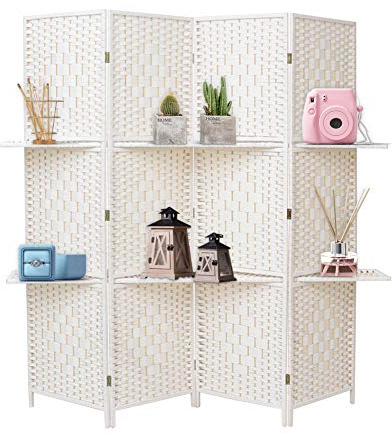 INMOZATA Room Divider with Shelves, 4 Panel Craft Paper Woven Room Divider Free Standing, Folding Screens and Room Dividers Screen Privacy Panel for Office Bedroom Restaurant, 160 * 170cm (White)