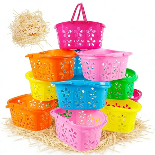 Zcaukya 12 Packs Easter Baskets, 6.5x4.5x3.2 Colorful Kids Baskets with Handles, Empty Plastic Easter Basket for Egg Hunt Party Favors