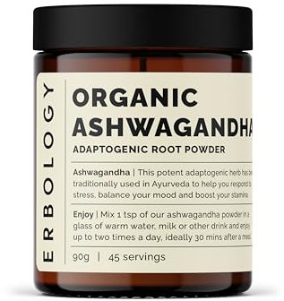 Erbology Ashwagandha in Polvere Bio 90g - 45 Porzioni - Supporto per il Sonno - Ricca di Withanolidi - Direttamente dalla Fattoria in India - Piccoli Lotti - Vegana - Senza OGM