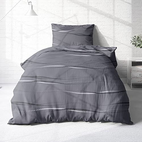 Träumschön Biber Bettwäsche Set 2tlg 155x220 cm + 80x80 cm – Flauschige Bettwäsche Anthrazit – Weiche Winterbettwäsche mit Wellen Design - Atmungsaktiv, Warm & Hautfreundlich - 100% Baumwolle