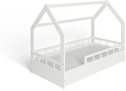MS FACTORY Cama Infantil de Pino con un Colchón - Cama Montessori Forma de Casa 80x160 cm para Niño y Niña - Lamas Somier - Medias Barreras Blanco