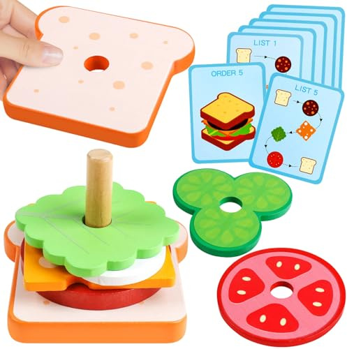 Sándwich de Madera Apilar Juguetes, Cocina Juguete Madera Pan Apilamiento Puzzle Juegos Educativos Niños Juguete Comida Accesorios Regalos para Niño y Niña 2+ Años (sándwich)