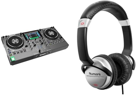 Numark Mixstream Pro Go - Standalone DJ Controller with Battery, DJ Mixer, Speakers & HF125 - Ultra-Portable Professional DJ Headphones with 6 ft Cable