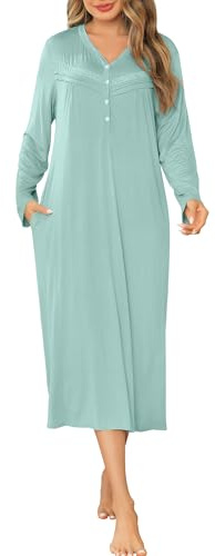 Vlazom Camisones Mujer Invierno Manga Larga,Camisones Largos Cuello en V,Camisones Talla Grande Señora (M,Verde Claro)