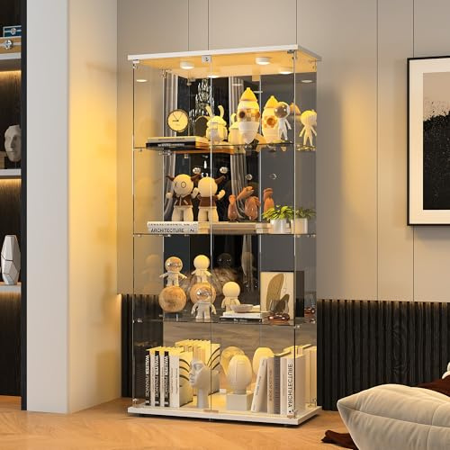 Mobile vetrina in vetro con LED, 164 x 80,5 x 36,5 cm, con 2 ante e 4 ripiani, serratura, pannello posteriore in vetro a specchio, per bar, oggetti da collezione, soggiorno, bianco