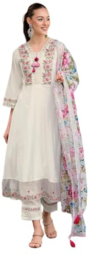 The Red Lion Enterprise women Anarkali Suit Alia cut kurti pant and Dupatta 3pc set salwar suit, White, S