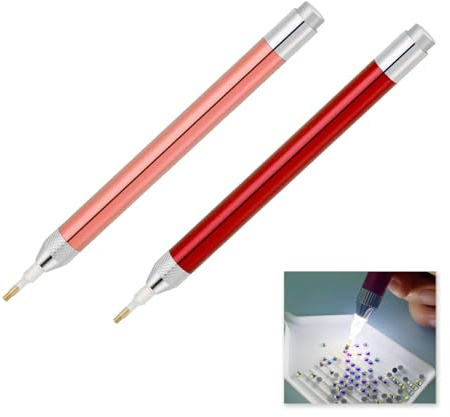 2 Pieces Diamond Spot Lighting Pen with Light, Diamond Spot Brush, Diamond Art Accessories Tools LED Light Drill Pen for Diamond Painting Embroidery Supplies DIY Ballpoint Drill Tool Rose Gold & Red