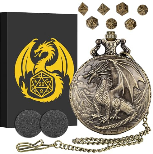 Mini DND Lot de Dés Steampunk Dragon Debout Coquille de Montre de Poche, 7 Pièces Dés, Jeu de Dés D&D en Métal Polyédrique, Cadeaux DND avec Boîte, Accessoires de Jeux de Société de Rôle, Bronze