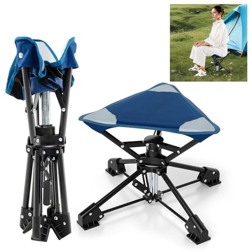 GOPLUS Tabouret Pliant Camping Pivotant 360°, Chaise Extérieur Pliable avec Assise Oxford et Cadre en Métal, Sac Transport, Tabouret Trépied Ultra Léger pour Chasse et Pêche,Charge 150KG (Bleu)