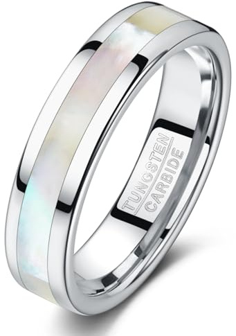 TUNGSTORY 6mm Mens Tungsten Carbide Ring 14K Gold Plated Mens Ring with Mother of Pearl Shell Inlaid Wedding Band Comfort Fit Size O-Y