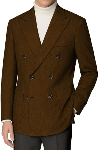 Herringbone Blazer for Men Brown Tweed Jacket Slim Fit Retro Double Breasted Suit Business Wool Blend Sport Coat Size M
