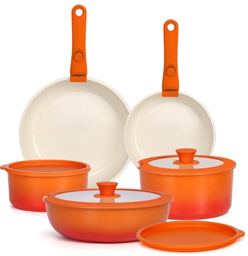 GiPP 11Pcs Pots and Pans Set with Detachable Handle, Pans Set with Ceramic Non-Stick Coating, Induction Stackable Cooking Pots Set, Mobile Cookware Set Ovenproof Safe, Orange Gradient