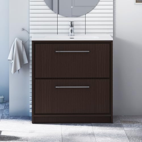 Livora 800mm Walnut Woodgrain Floor Standing Bathroom Vanity Unit & Basin | Ceramic Basin| Chrome Handle| Soft Close Doors | Ample Storage | Fully Assembled | Undersink Bathroom Furniture