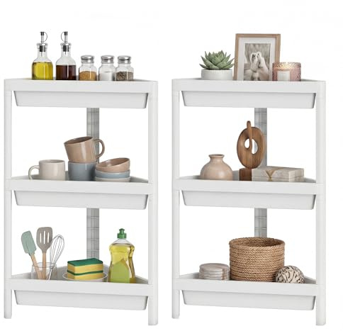 KOMFOTTEU Juego 2 Estanterías Esquineros de 3 Niveles de Plástico (Blanco) | Organizador de Baño con Orificios de Drenaje, Estante de Ducha Independiente para Cocina, Sala de Estar