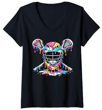 Women's Lacrosse Ice Cream Drip Lax Helmet Sticks Sport Player V-Neck T-Shirt